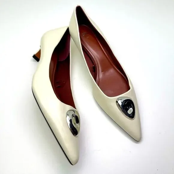 Zara Women's Metal Detail White Leather Kitten Heel Pointed Toe Shoes - Picture 1 of 11